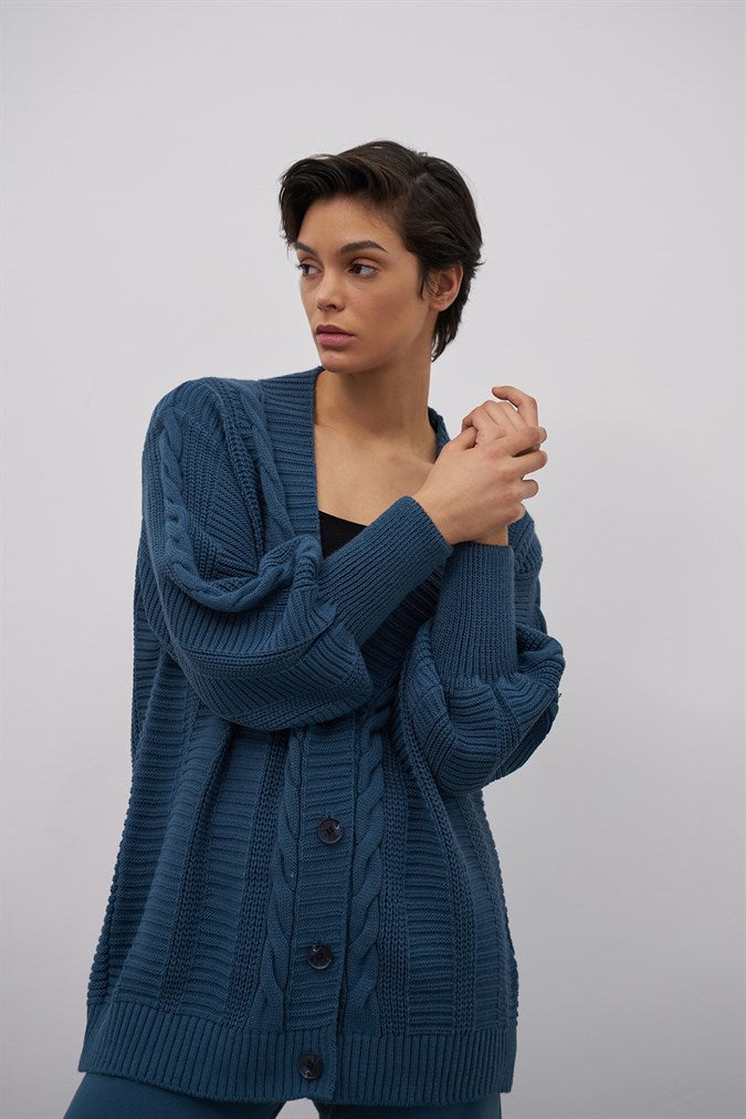 Oversized Cable Knit Cardigan — Indigo